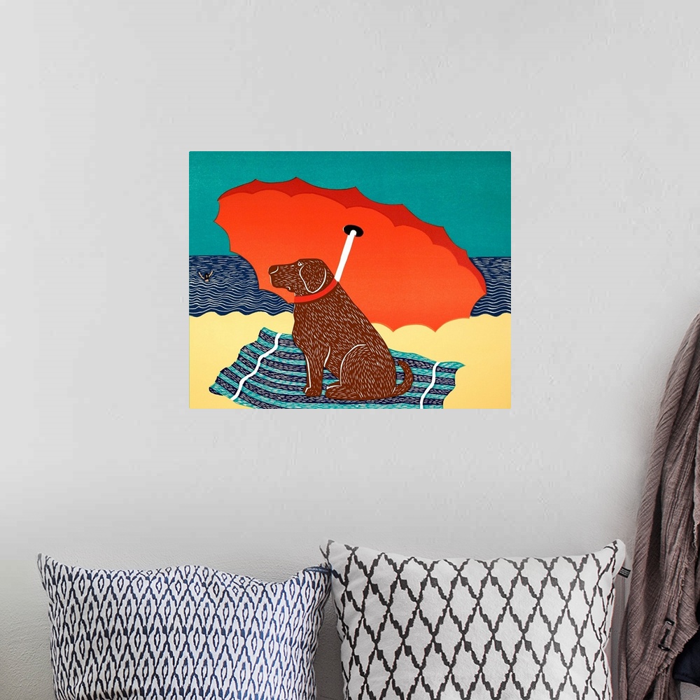 A bohemian room featuring Illustration of a chocolate lab sitting on under a beach umbrella at the beach watching his owner...