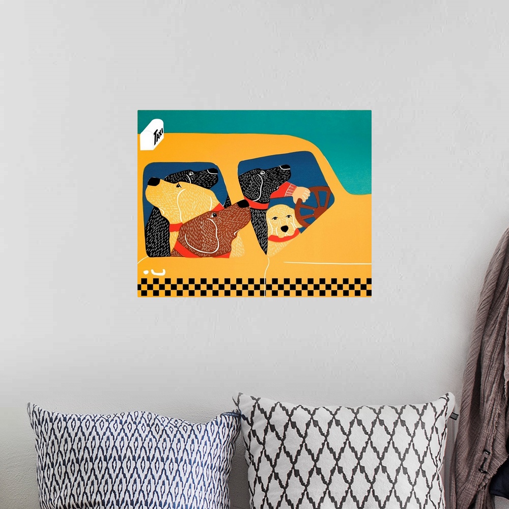 A bohemian room featuring Illustration of a pack of labs in a Taxi cab.