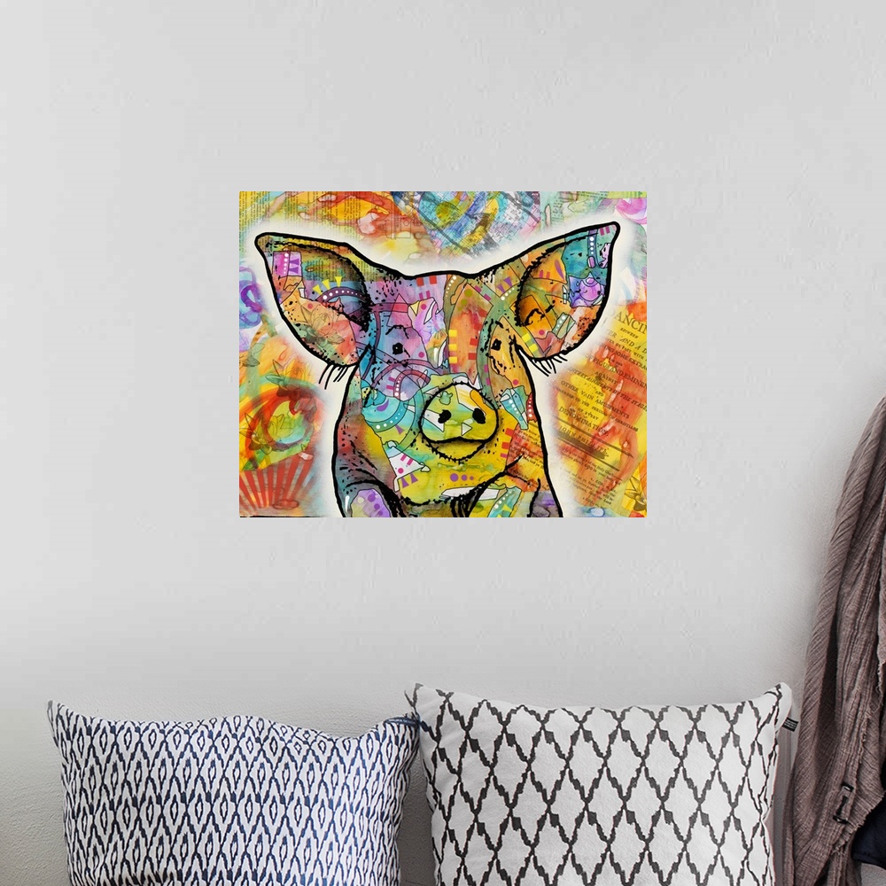 A bohemian room featuring Colorful illustration of a pig leaning over a fence with abstract designs all over and a collage ...