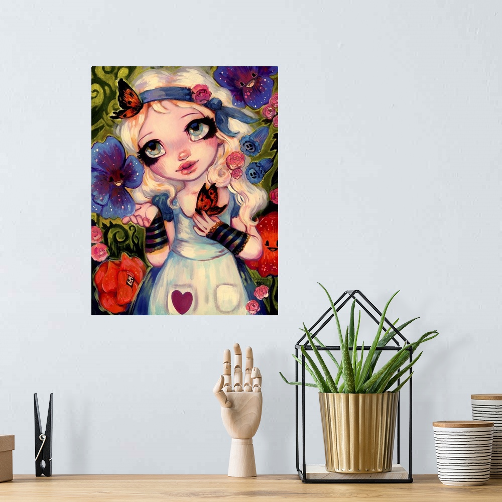 A bohemian room featuring Fantasy painting of a woman in a garden of magical flowers.