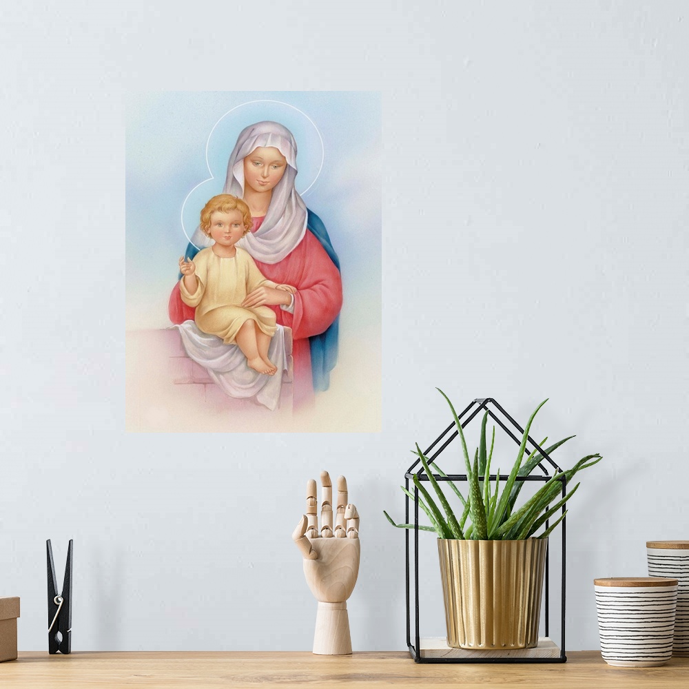 A bohemian room featuring The Virgin Mary holding baby Jesus