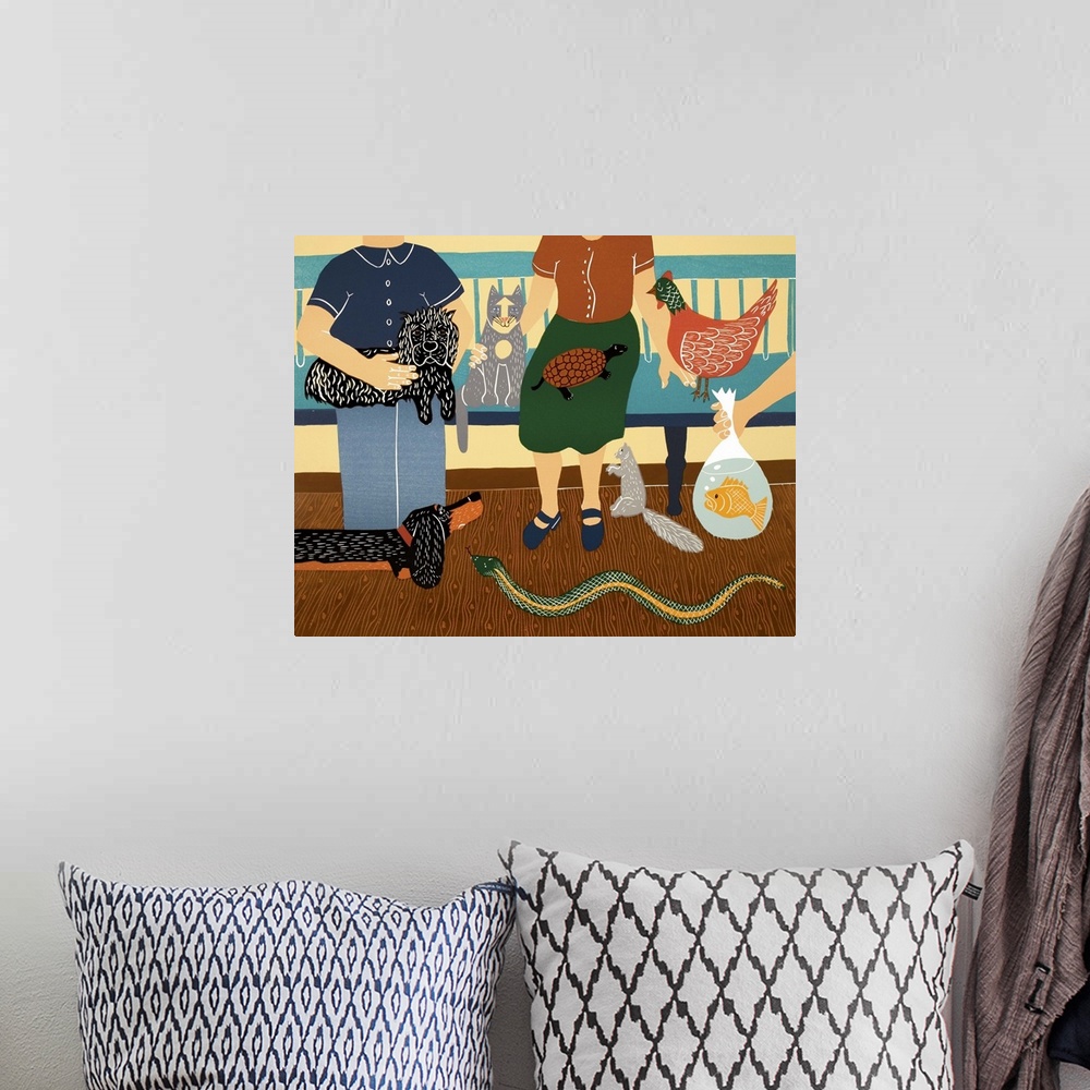 A bohemian room featuring Illustration of all kinds of pets in the waiting room of a Veterinarian's office.