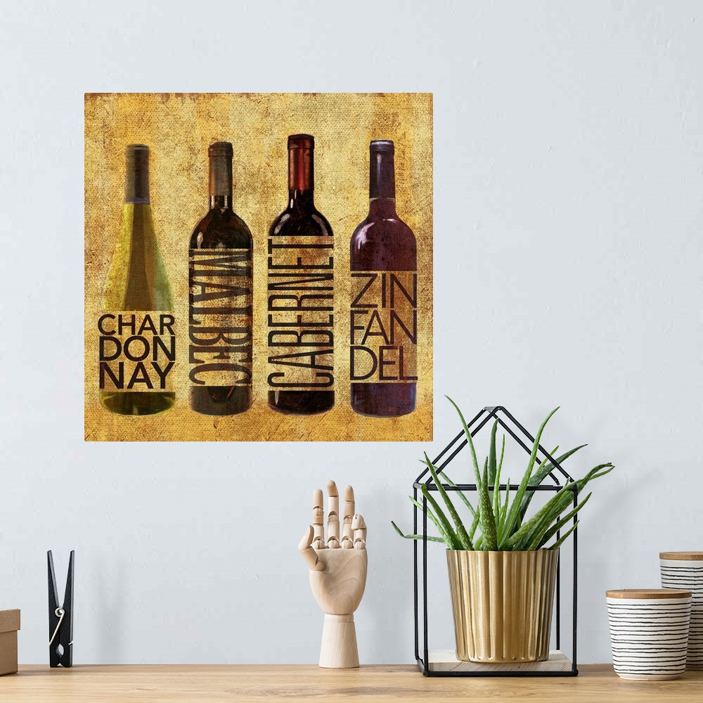A bohemian room featuring Four bottles of wine, including Chardonnay, Malbec, Cabernet, and Zinfandel.