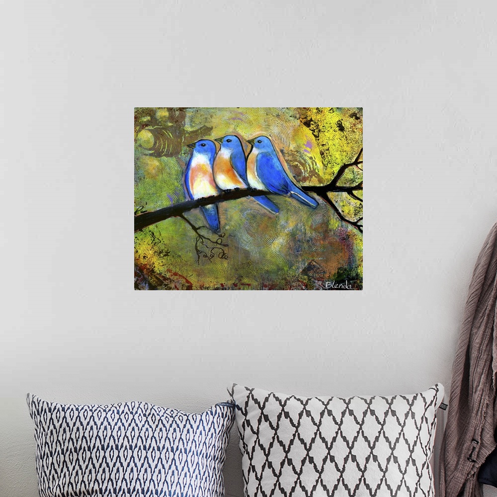 A bohemian room featuring Lighthearted contemporary painting of three bluebird perched on a tree branch.