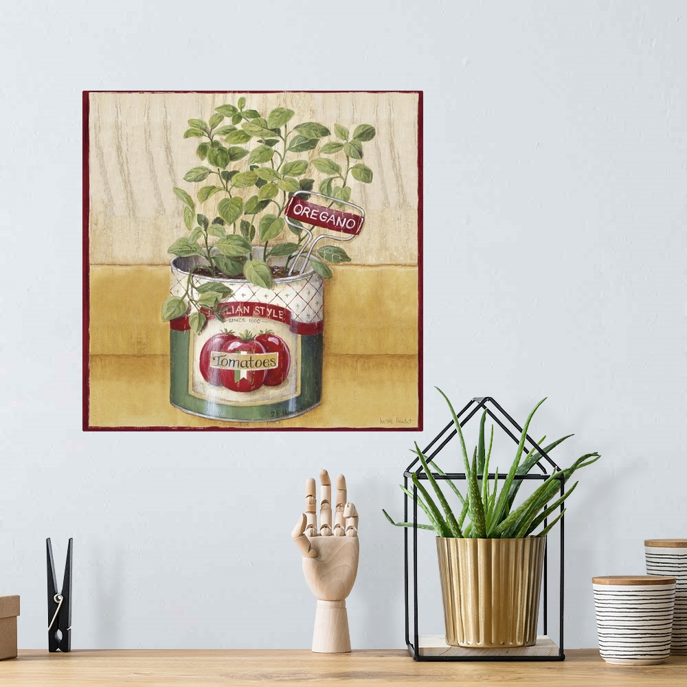 A bohemian room featuring oregano growing in italian style tomatoes tin