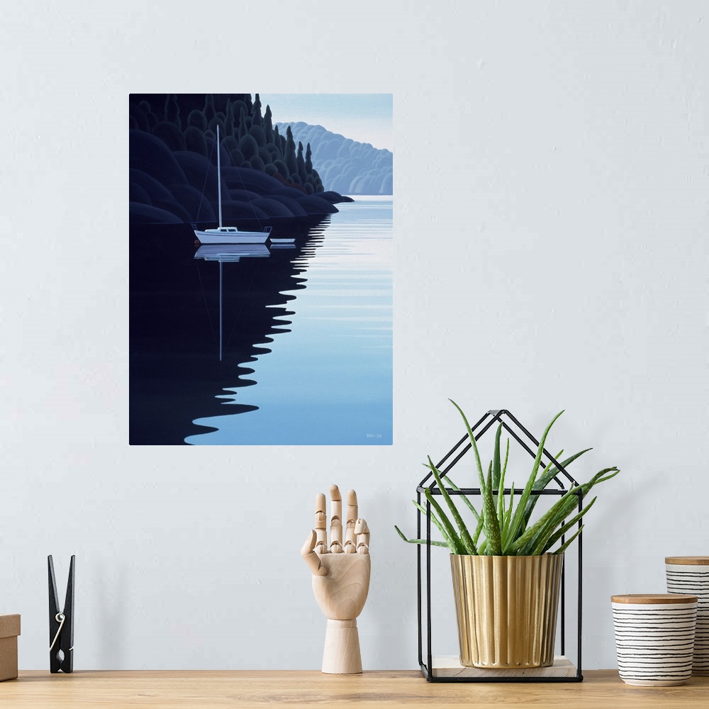 A bohemian room featuring Sailboat moored in water.