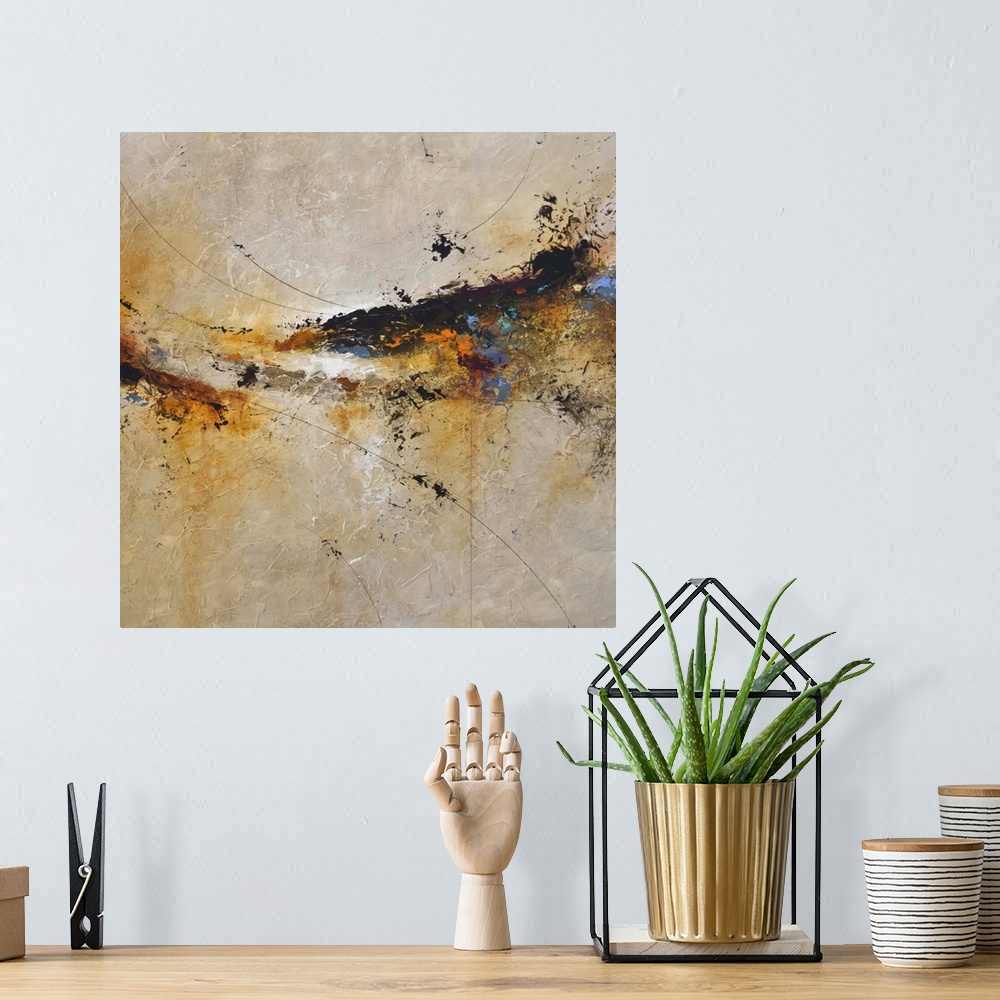 A bohemian room featuring Contemporary abstract painting in beige, blue, black, and amber.