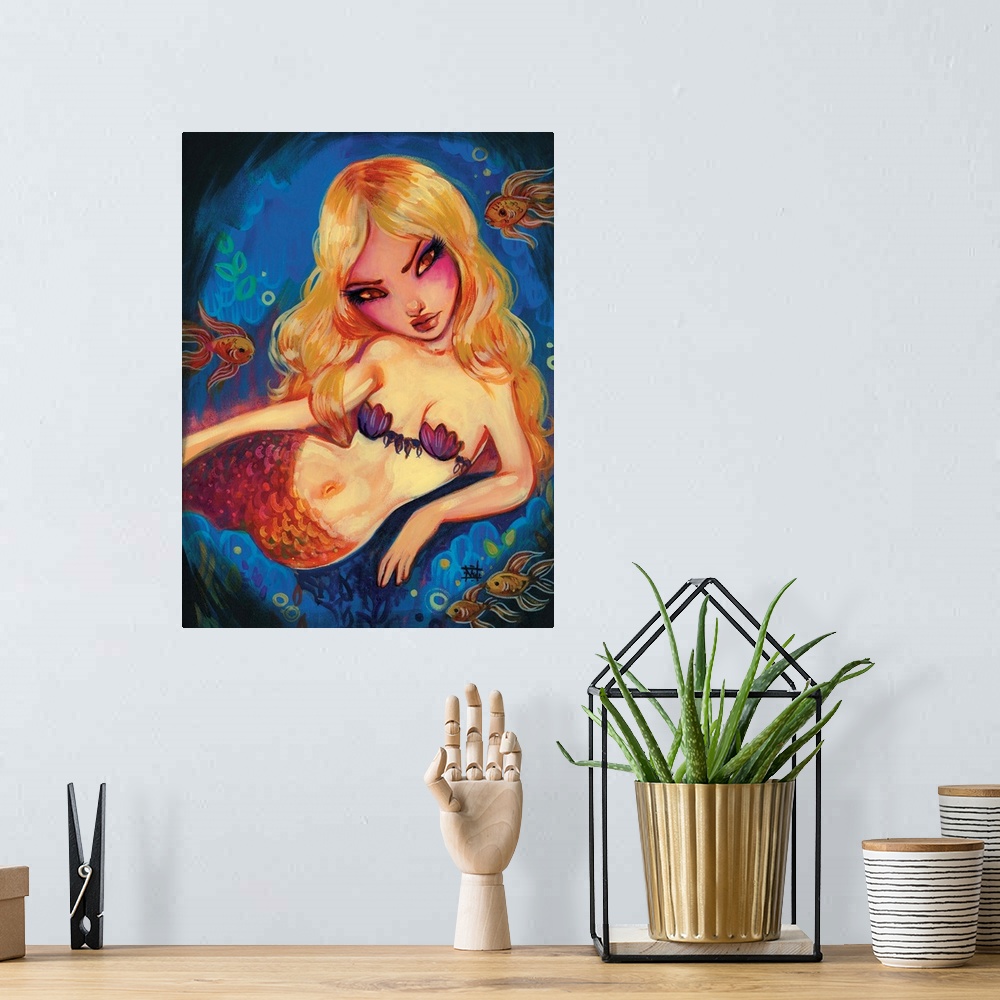 A bohemian room featuring Fantasy painting of a blonde mermaid with goldfish.