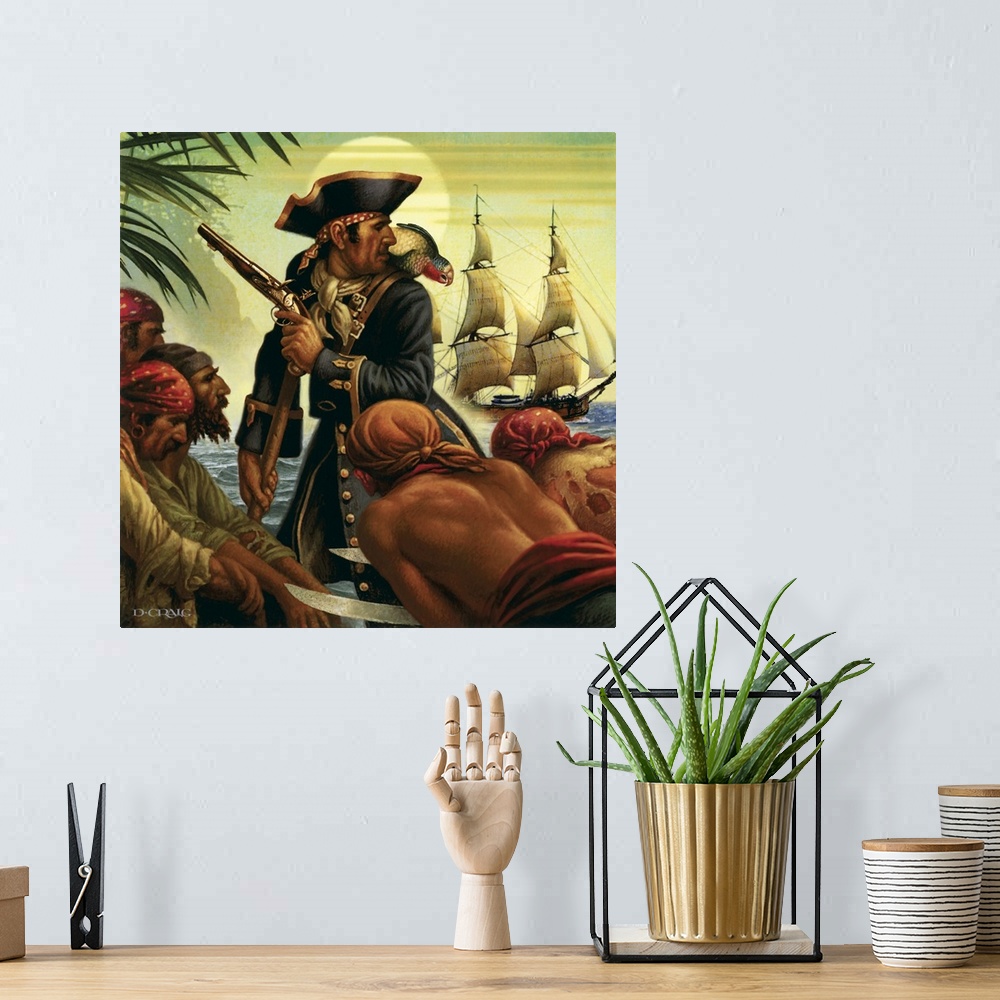 A bohemian room featuring Pirate with his crew, ship, and a parrot on his shoulder.