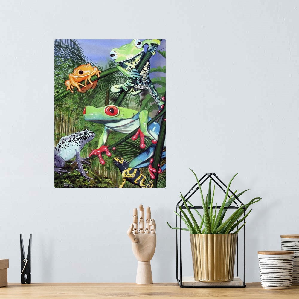 A bohemian room featuring Tropical frogs sitting on branches of exotic plants.