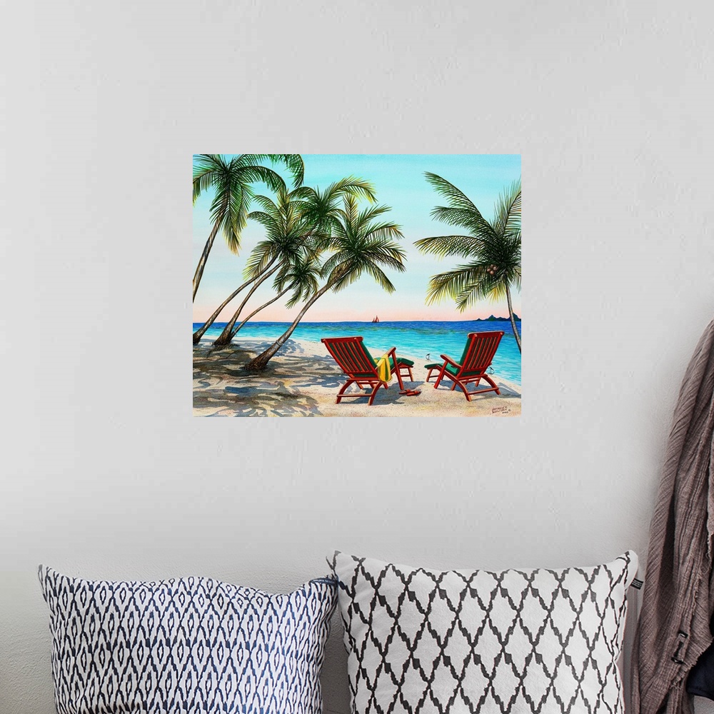 A bohemian room featuring Painting of a tropical beach scene.