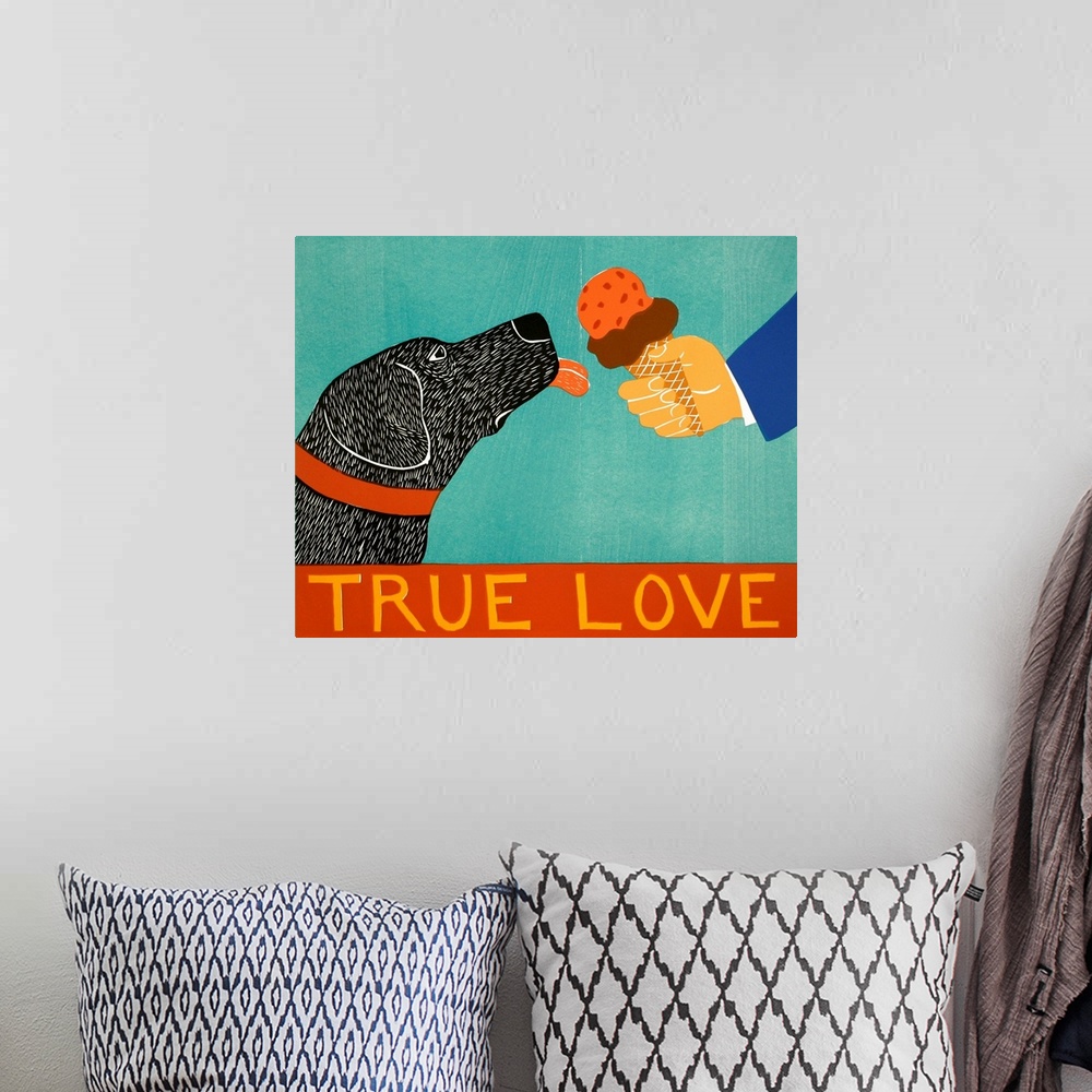 A bohemian room featuring Illustration of a black lab about to lick an ice cream cone with the phrase "True Love" written a...