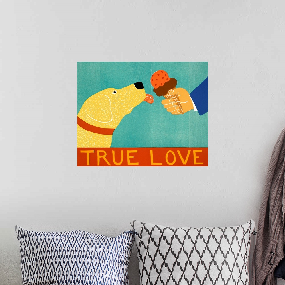 A bohemian room featuring Illustration of a yellow lab about to lick an ice cream cone with the phrase "True Love" written ...