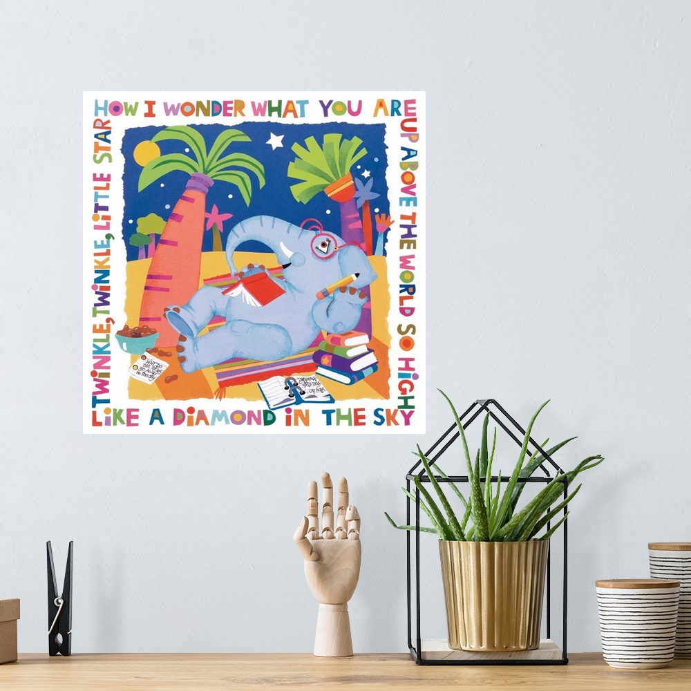 A bohemian room featuring An elephant reading books under palm trees with a nursery rhyme around the border.