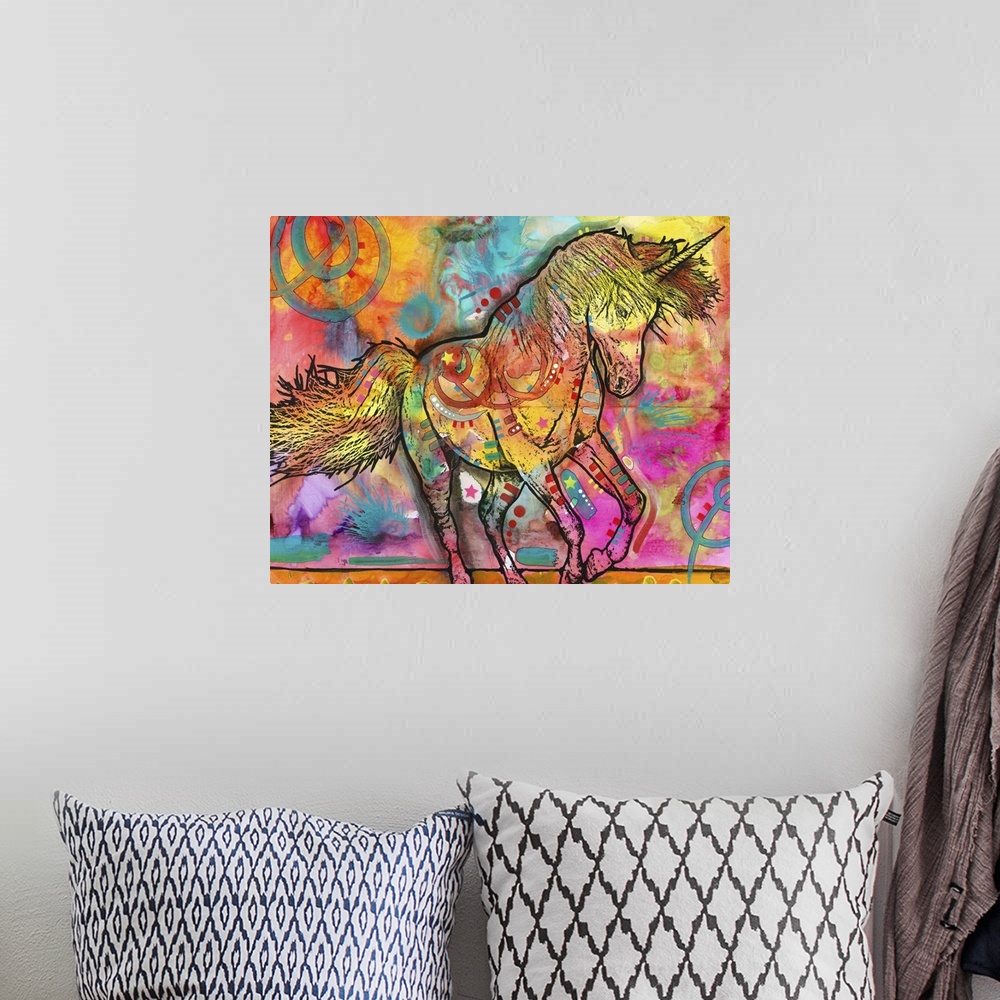A bohemian room featuring Colorful painting of a unicorn covered in abstract designs.