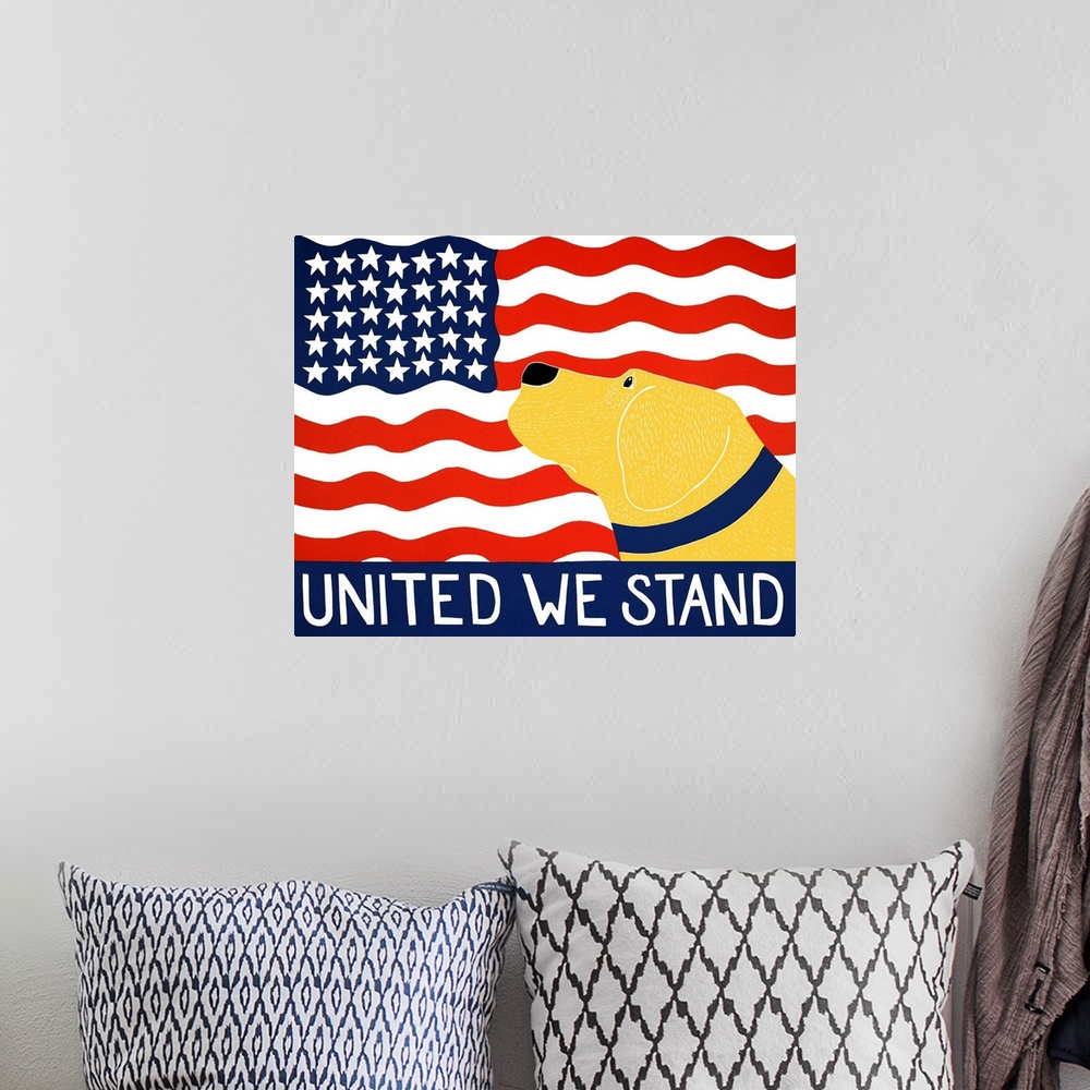 A bohemian room featuring Illustration of a yellow lab looking up at the American flag with the phrase "United We Stand" wr...