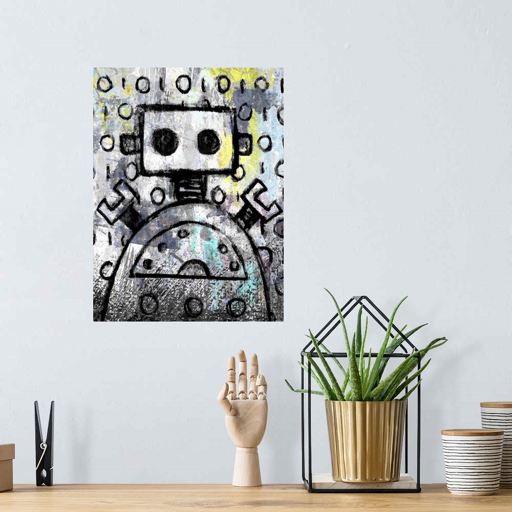 A bohemian room featuring Cute painting of a robot made of simple lines and shapes.