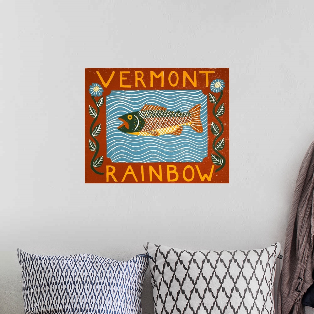 A bohemian room featuring Illustration of a rainbow trout in the water framed with a floral frame with the words "Vermont R...