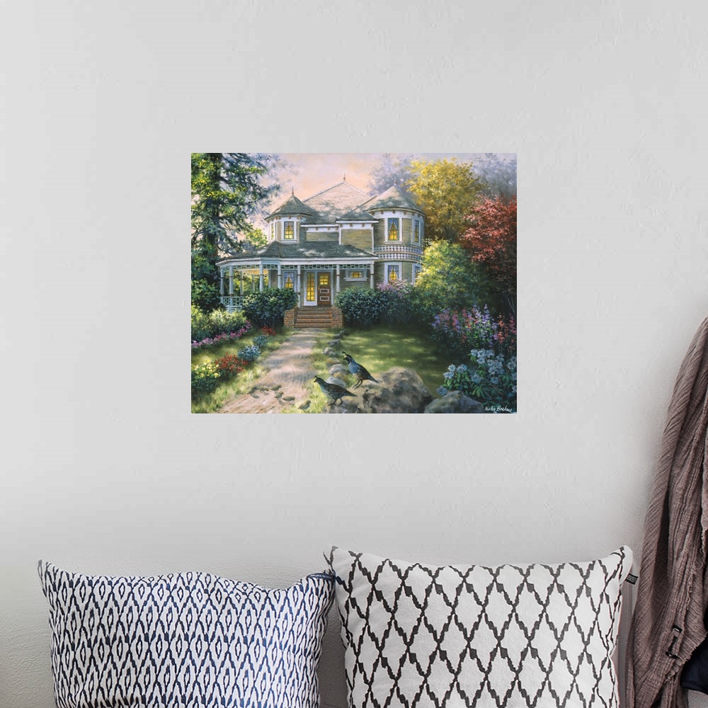 A bohemian room featuring Painting of a large Victorian house with glowing windows. Product is a painting reproduction only...