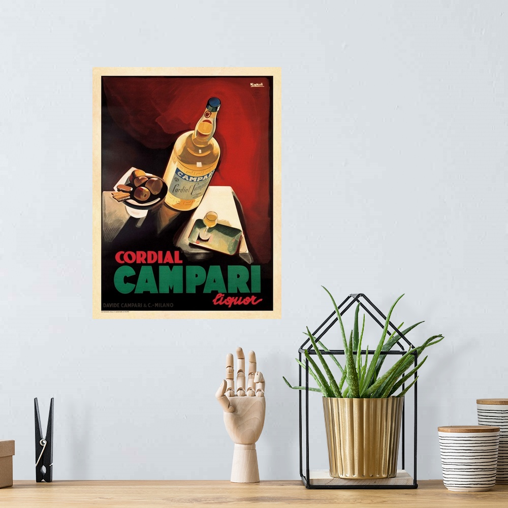 A bohemian room featuring Vintage Posterbottle, glass and plate of fruit and cookiesReads: Cordial Campari Liquor