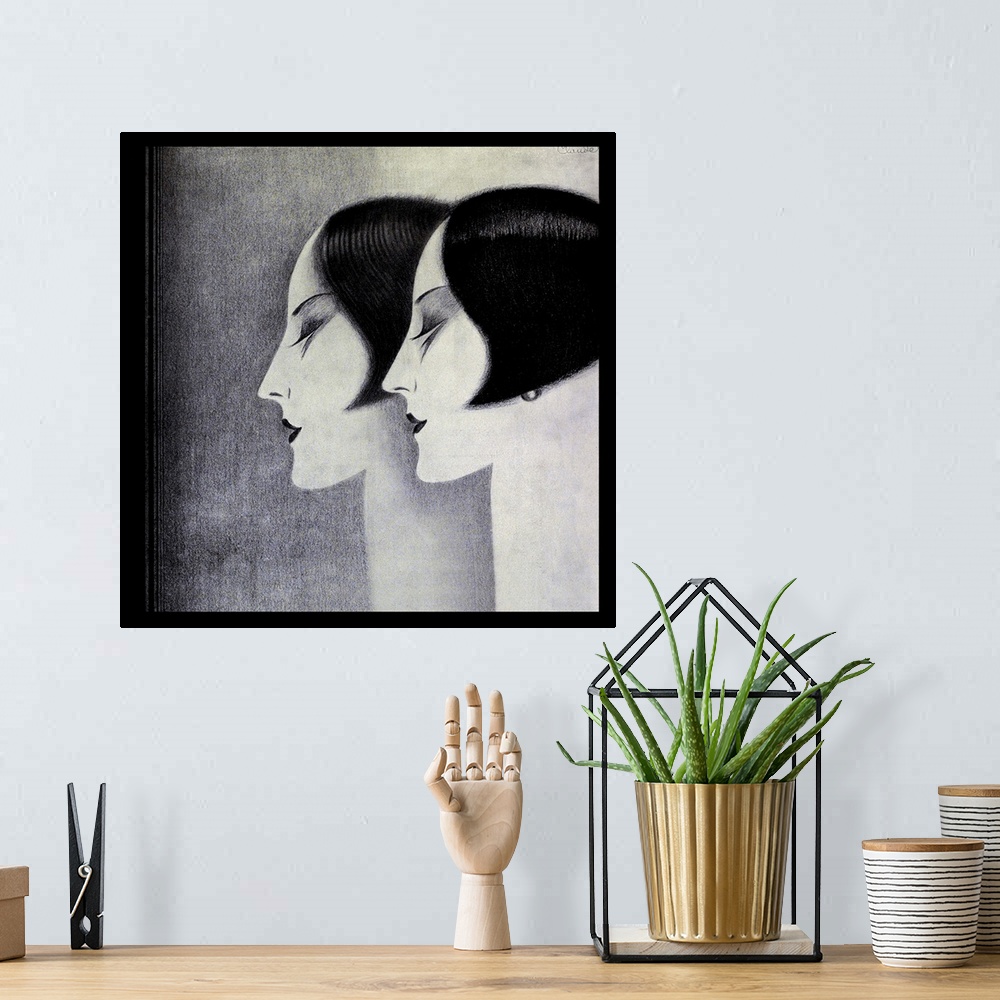 A bohemian room featuring Vintage artwork in the style of art deco of two women with bobbed hairstyles.