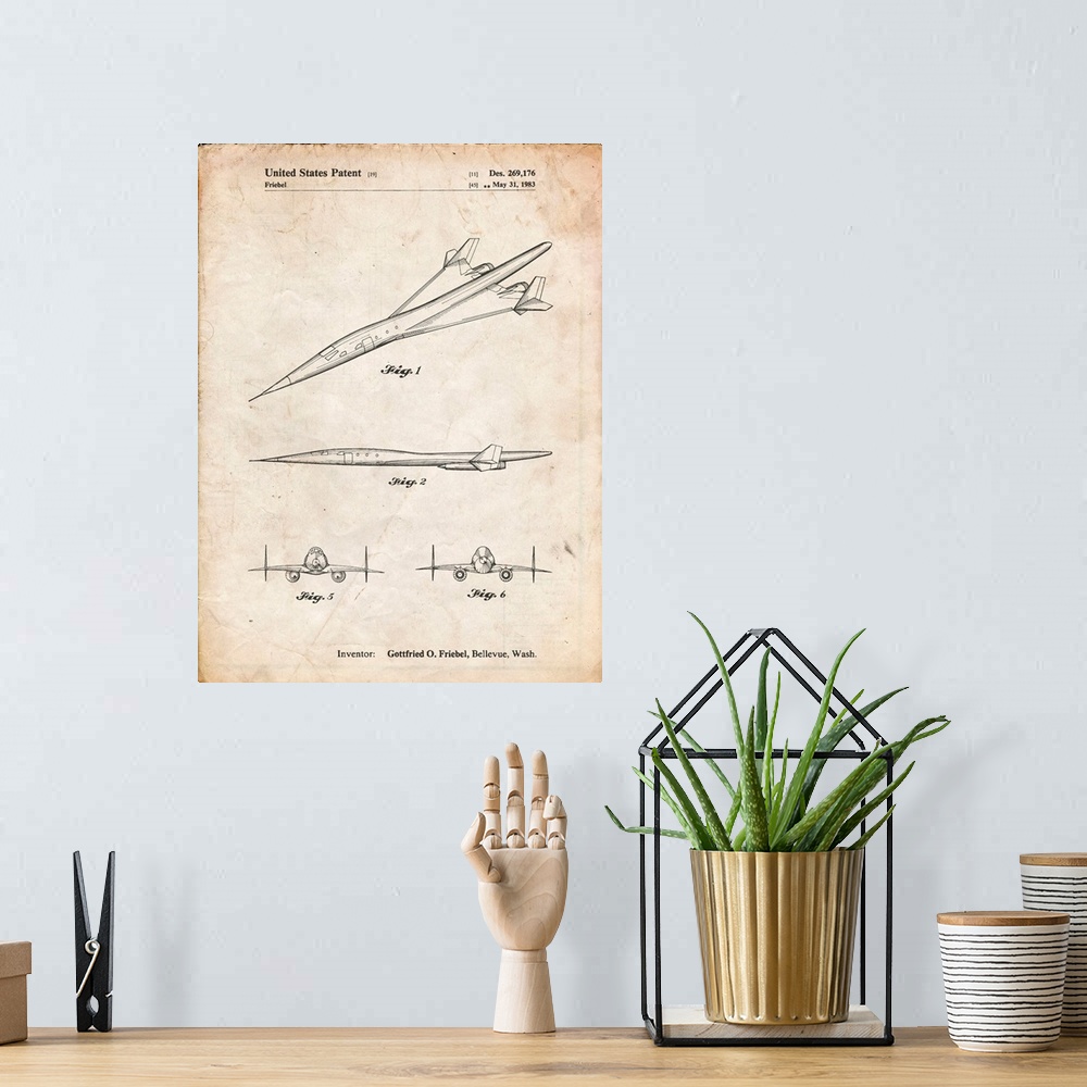 A bohemian room featuring Vintage Parchment Boeing Supersonic Transport Concept Patent Poster