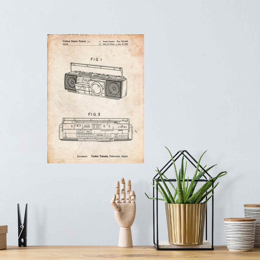A bohemian room featuring Vintage Parchment Boom Box Patent Poster