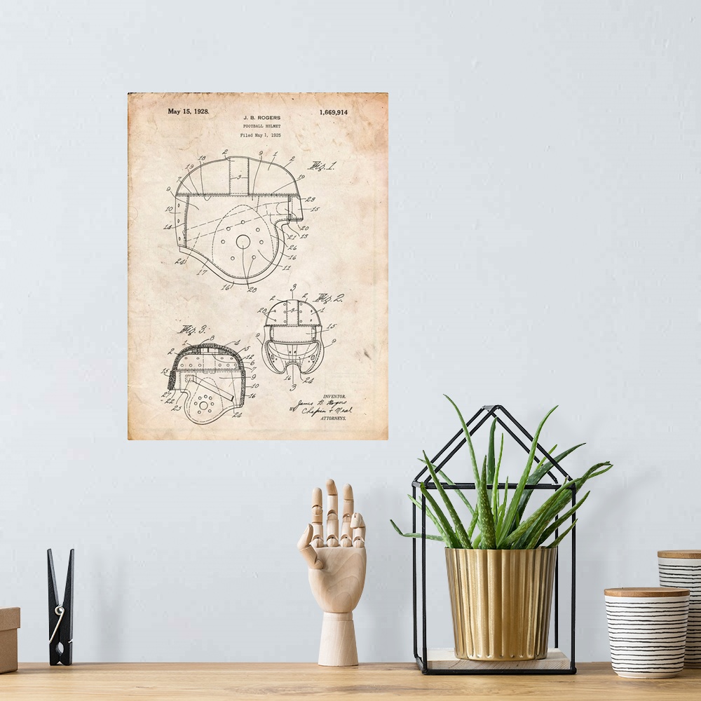 A bohemian room featuring Vintage Parchment Football Helmet 1925 Patent Poster