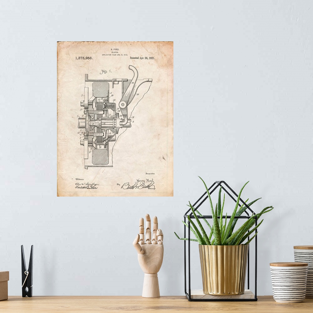 A bohemian room featuring Vintage Parchment Ford Clutch Patent Poster