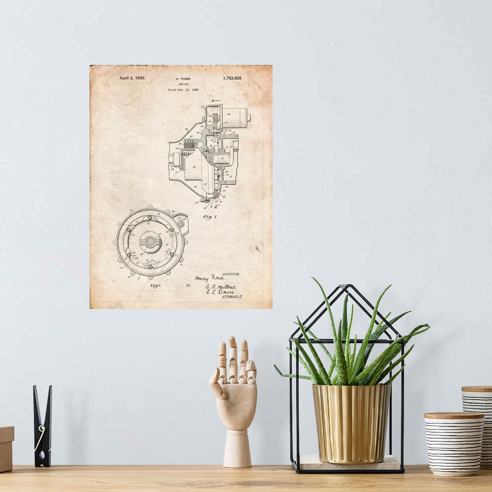 A bohemian room featuring Vintage Parchment Ford Engine 1930 Patent Poster