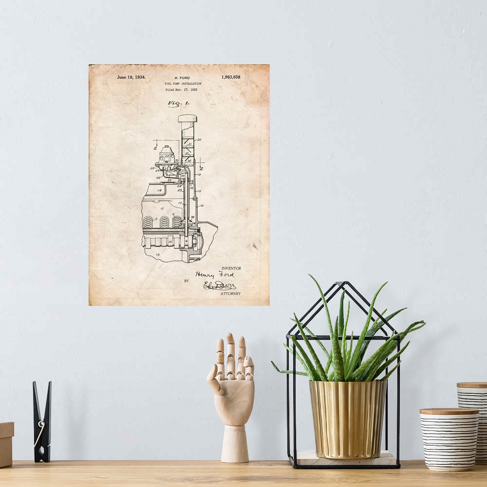 A bohemian room featuring Vintage Parchment Ford Fuel Pump 1933 Patent Poster