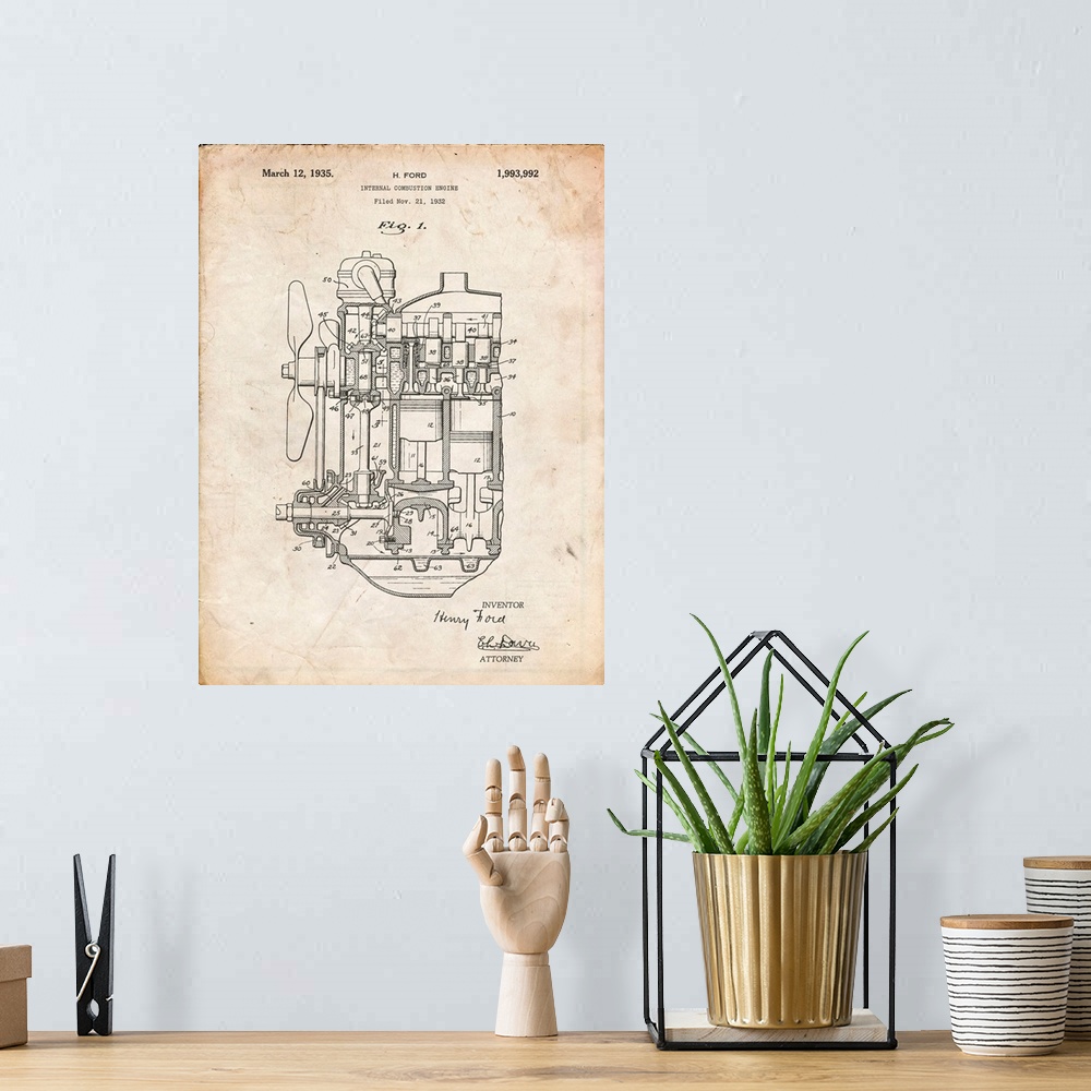 A bohemian room featuring Vintage Parchment Ford Internal Combustion Engine Patent Poster