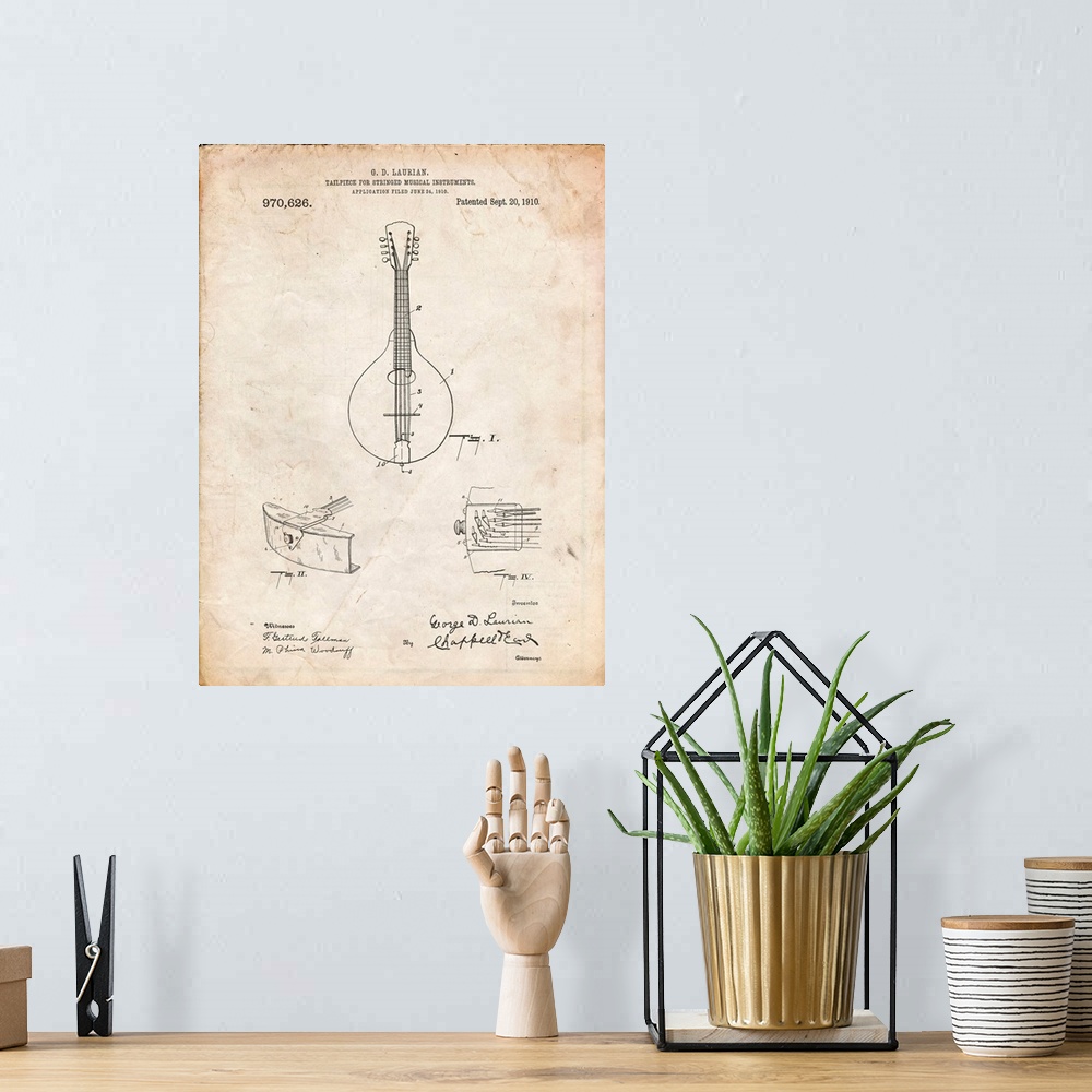 A bohemian room featuring Vintage Parchment Gibson Mandolin Tailpiece Patent Poster