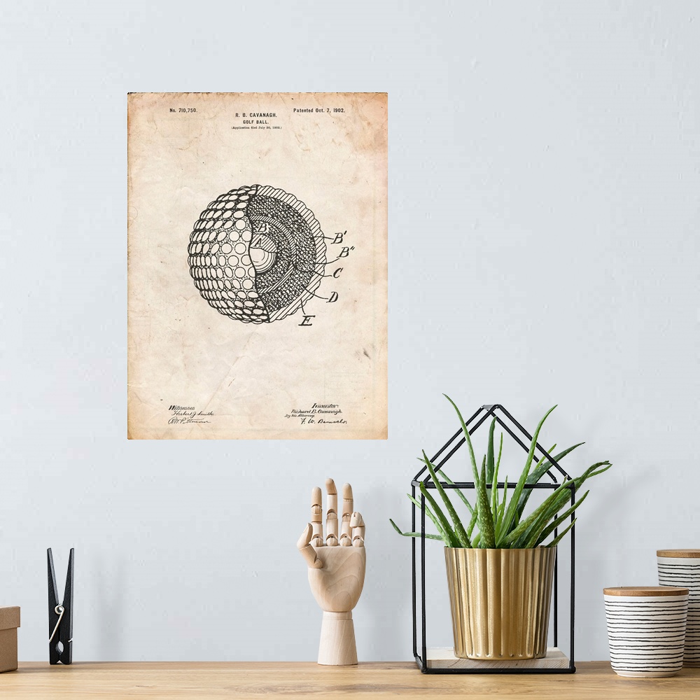 A bohemian room featuring Vintage Parchment Golf Ball 1902 Patent Poster