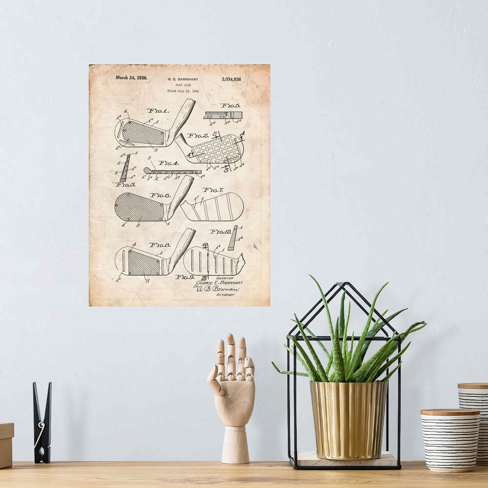 A bohemian room featuring Vintage Parchment Golf Club Faces Patent Poster