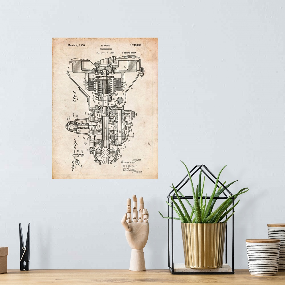 A bohemian room featuring Vintage Parchment Henry Ford Transmission Patent Poster