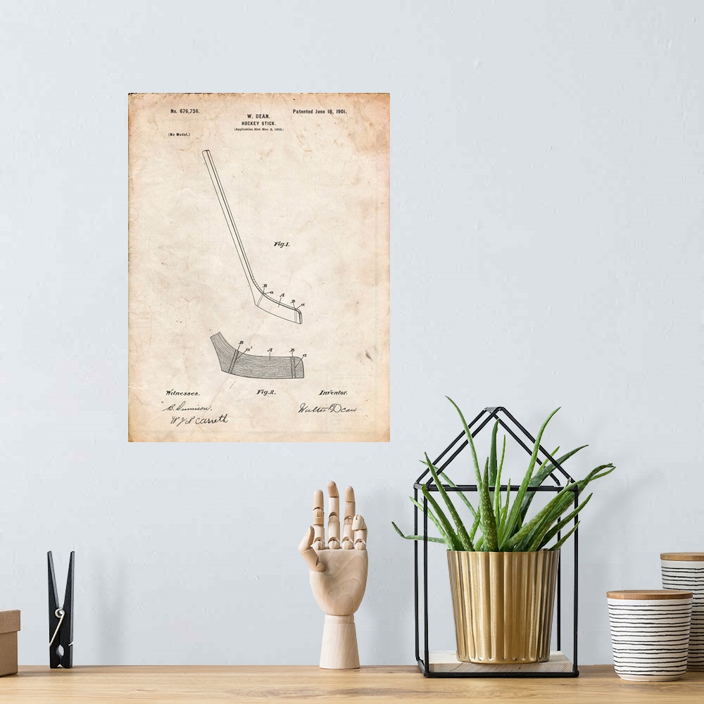 A bohemian room featuring Vintage Parchment Hockey Stick Patent Poster