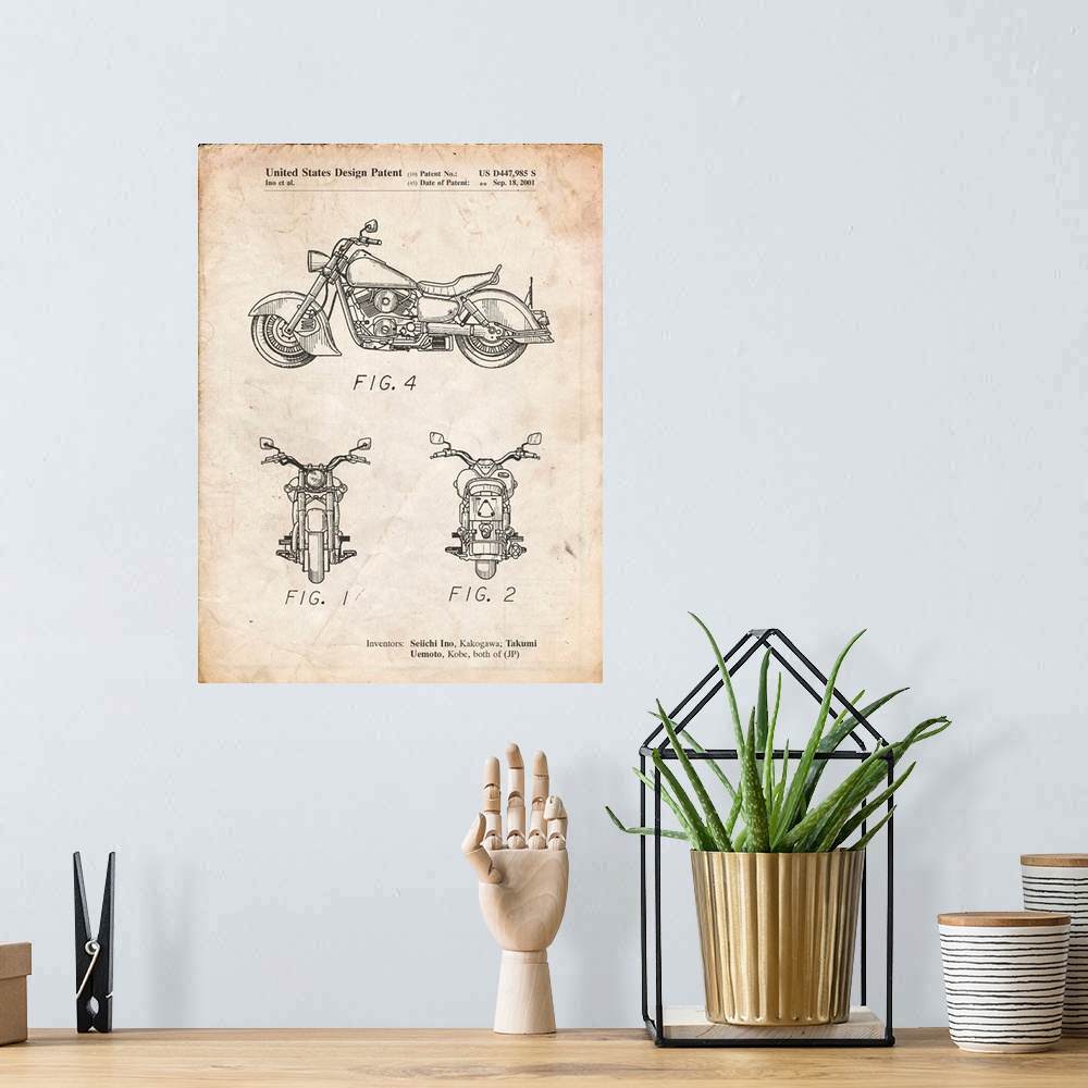 A bohemian room featuring Vintage Parchment Kawasaki Motorcycle Patent Poster
