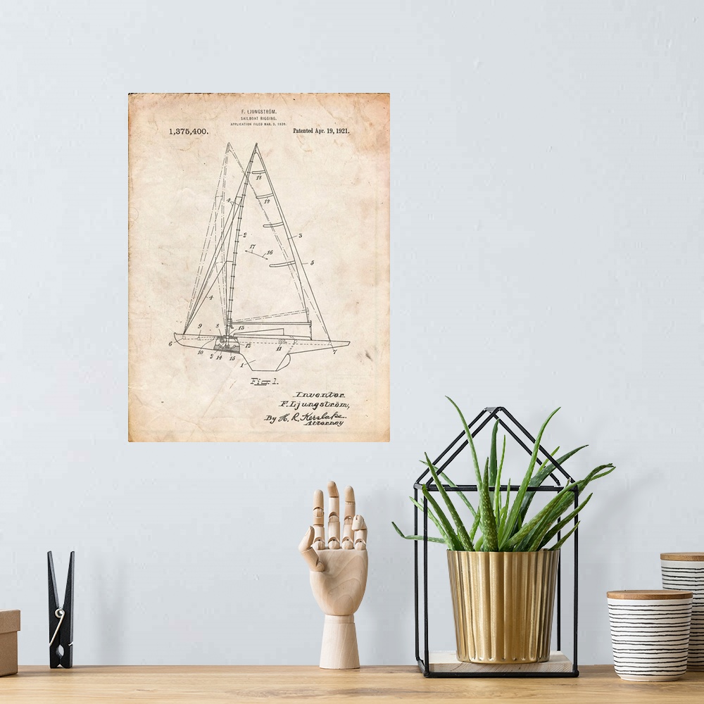 A bohemian room featuring Vintage Parchment Ljungstrom Sailboat Rigging Patent Poster