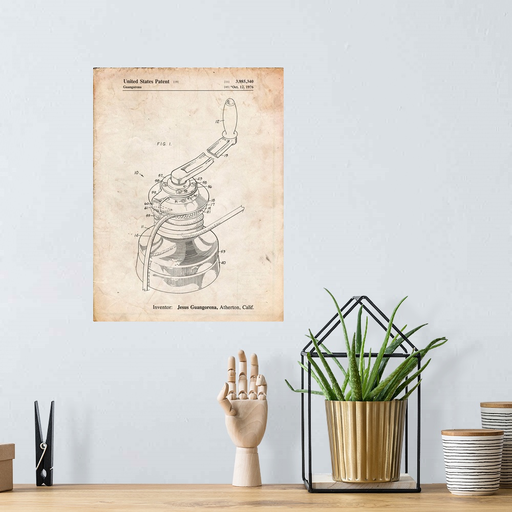 A bohemian room featuring Vintage Parchment Sailboat Winch Patent Poster