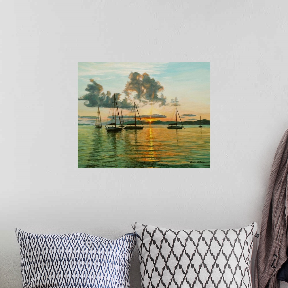 A bohemian room featuring Contemporary artwork of a cove with sailboats moored with islands in the background.