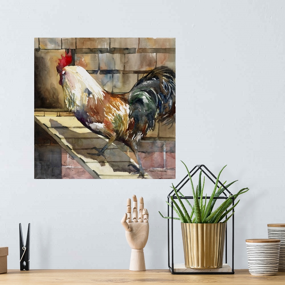 A bohemian room featuring Rooster walking up the plank into the hen house.