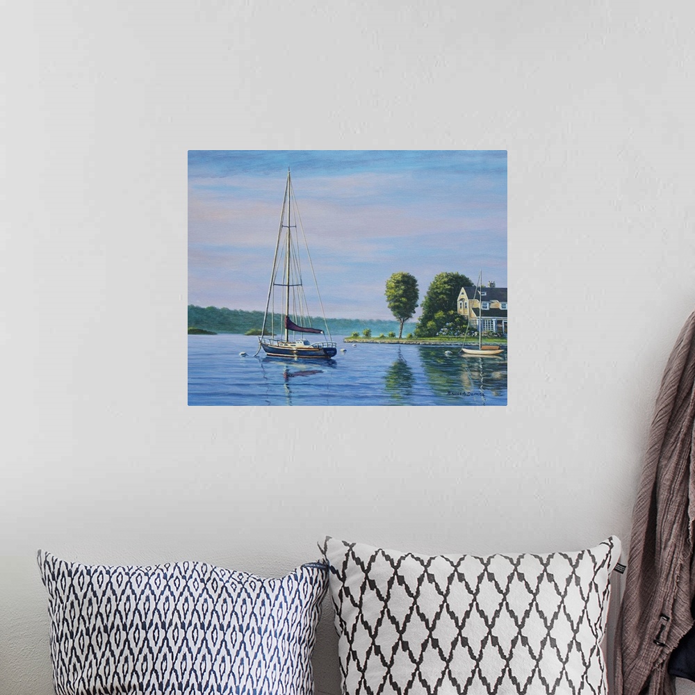 A bohemian room featuring Contemporary artwork of a sail boat next to a house.