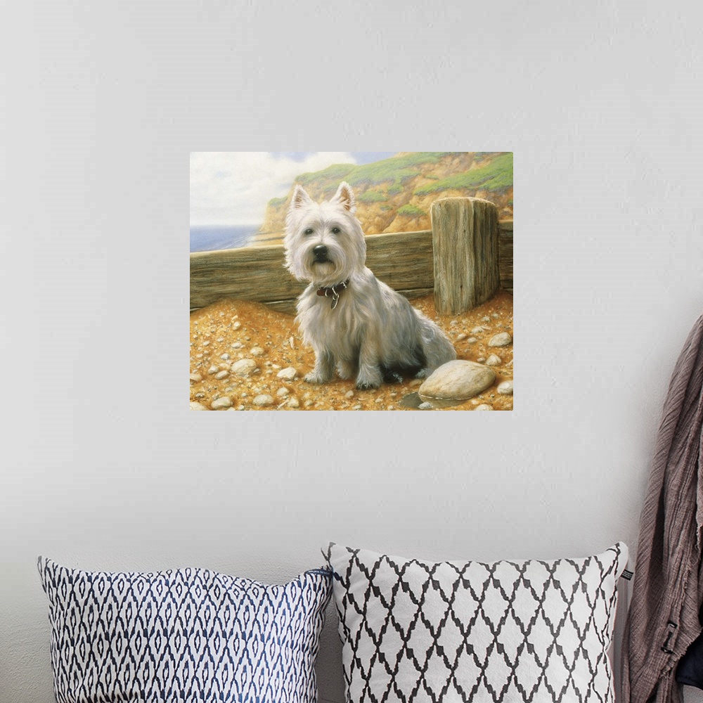 A bohemian room featuring Contemporary painting of a westie.