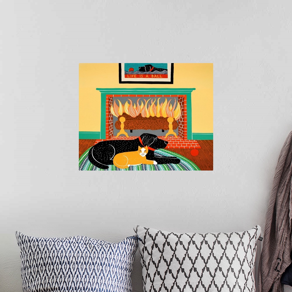 A bohemian room featuring Illustration of a black lab laying on a rug in front of a fireplace with an orange cat.
