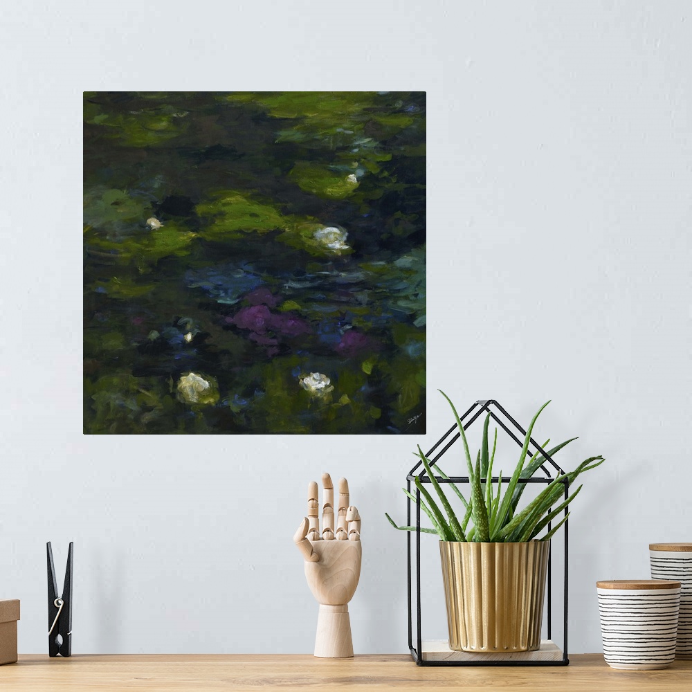 A bohemian room featuring Contemporary painting of small white flowers in a green garden pond.