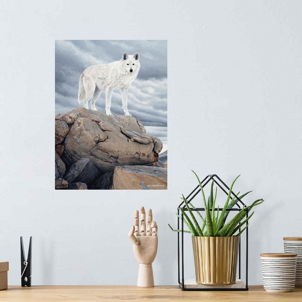 A bohemian room featuring A white wolf stands on a rock face.