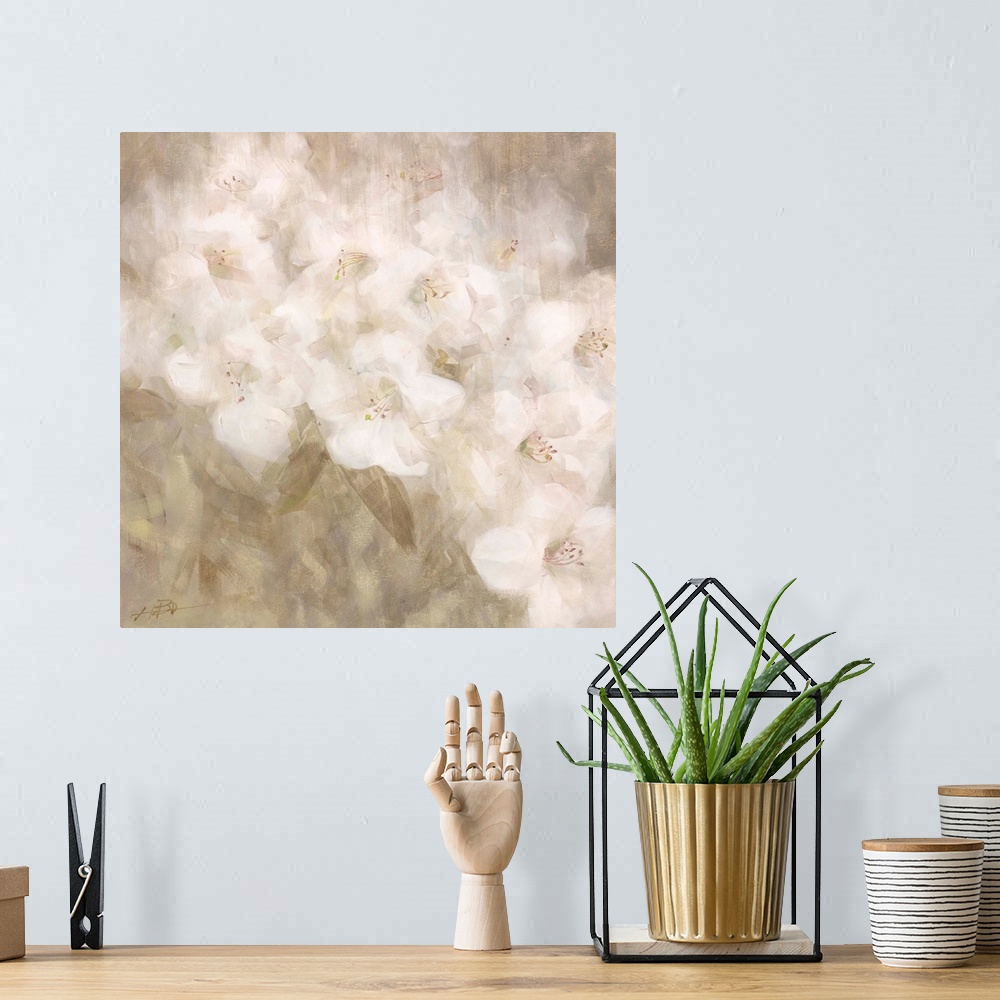 A bohemian room featuring Contemporary painting of a group of white flowers.