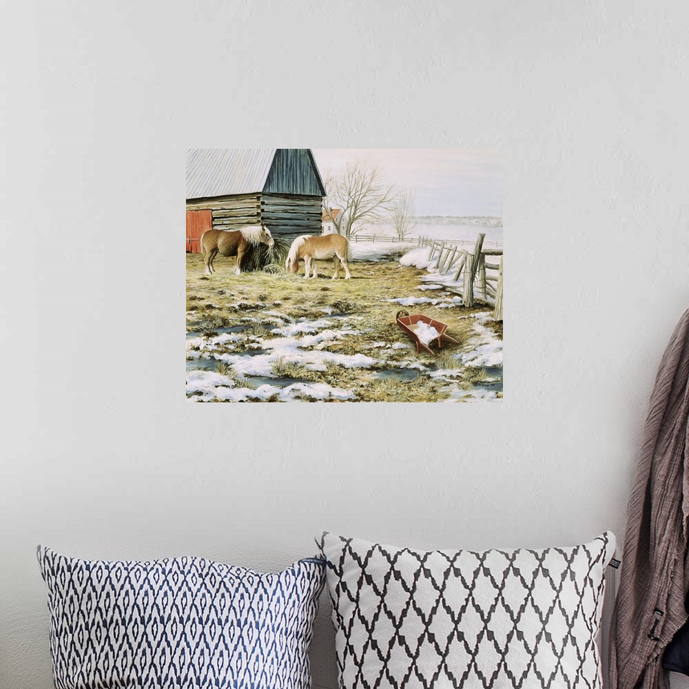 A bohemian room featuring Contemporary artwork of two ponies in a snowy corral.