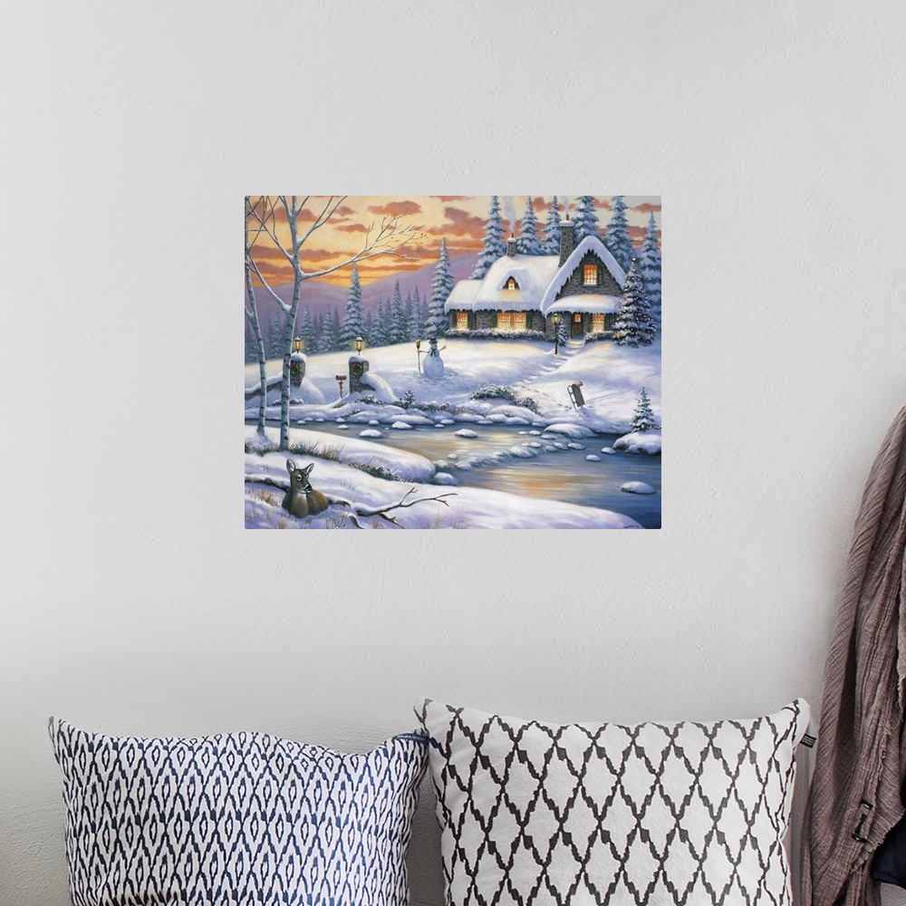 A bohemian room featuring A deer lying in the snow across the river from a home decorated with a wreath on the door, a snow...